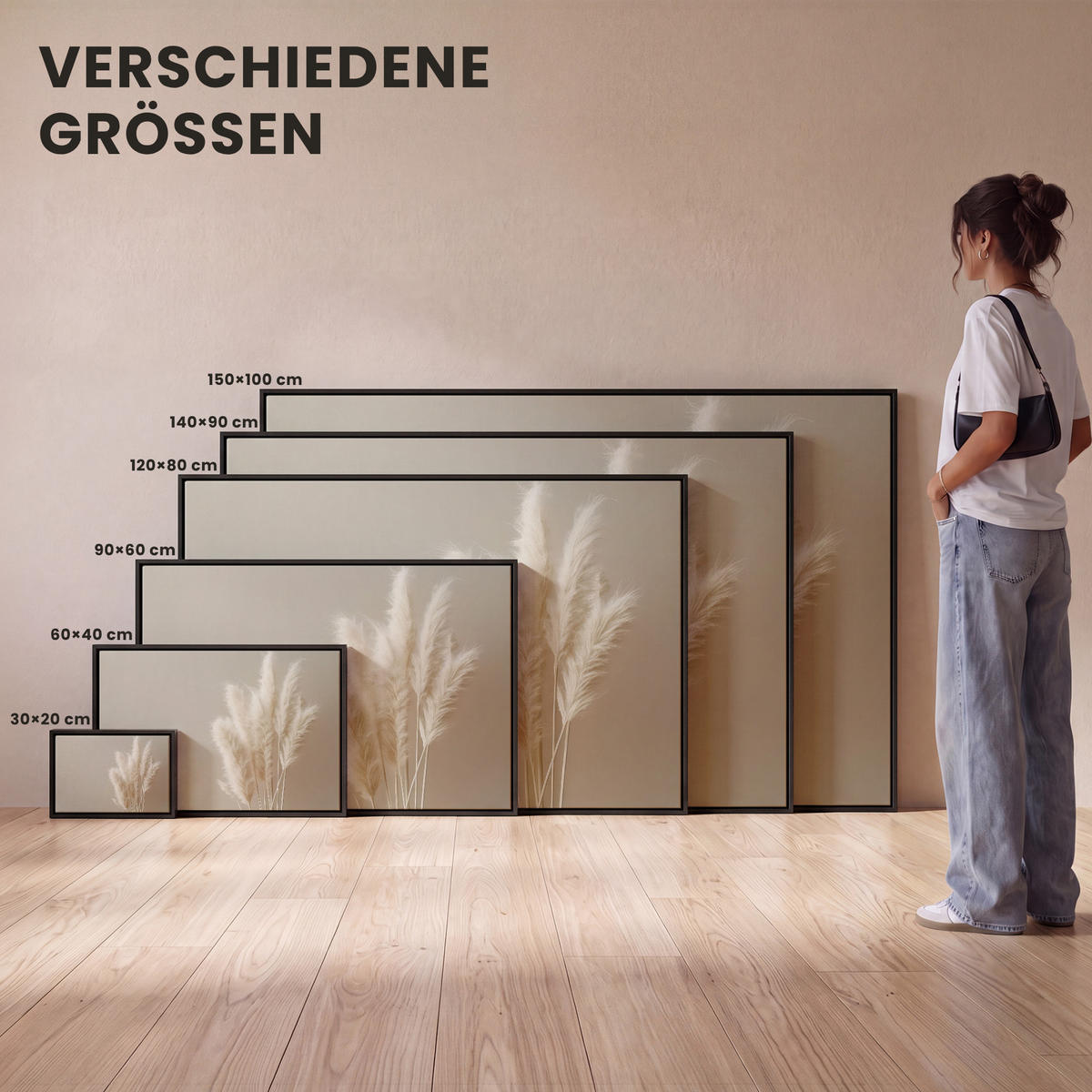 LEINWAND Bilder mit Rahmen - Pampasgras - Federn - Pastell - Weiß - 60x40 - Naturfarben, Textil (60/40cm) - MuchoWow