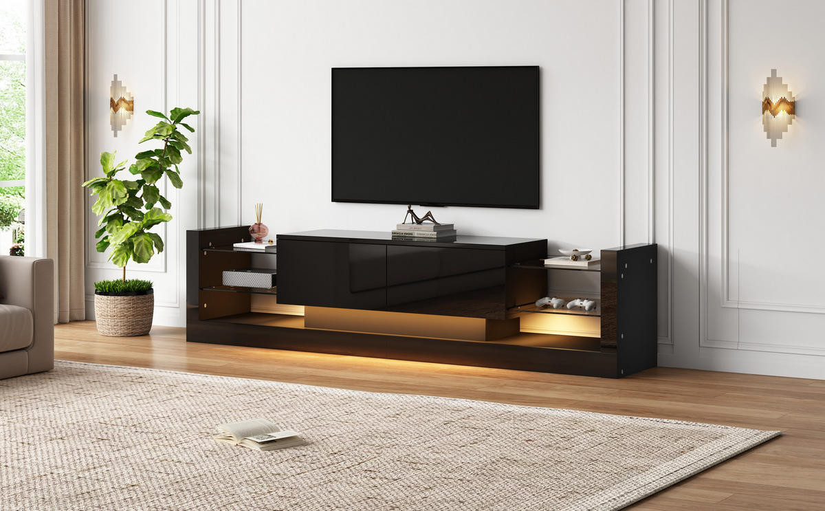 TV-SCHRANK in Schwarz Hochglanz mit Glasfront und LED 181/38/38 cm - Schwarz, Holzwerkstoff (181/38/38cm) - Redom