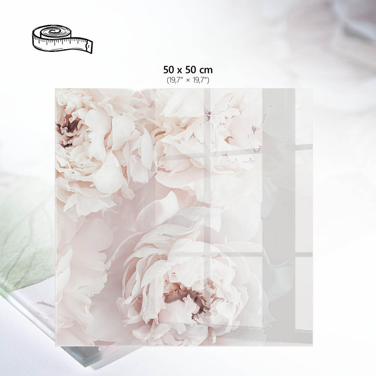 TISCHPLATTE 50x50 cm – Cremefarbene Pfingstrosen - Creme, Glas (50/50/0.4cm) - Wallfluent