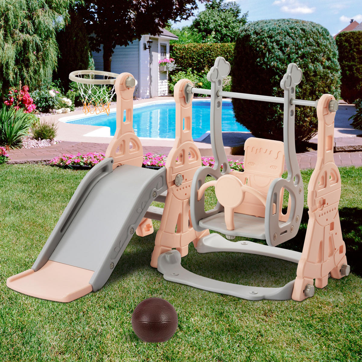 KINDERRUTSCHE mit Schaukel 4-in-1 –Rosa, Mit Basketballkorb & 3-fach höhenverstellbarer Schauke, Spielgerät für Kinder - Rosa, Kunststoff (140/102/118cm) - BursDany