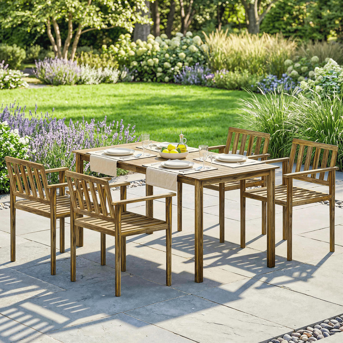 GARTEN-ESSSET 5-teilig,Tisch+Stühle für 4 Personen,teak - Beige, Holz - Vallsero