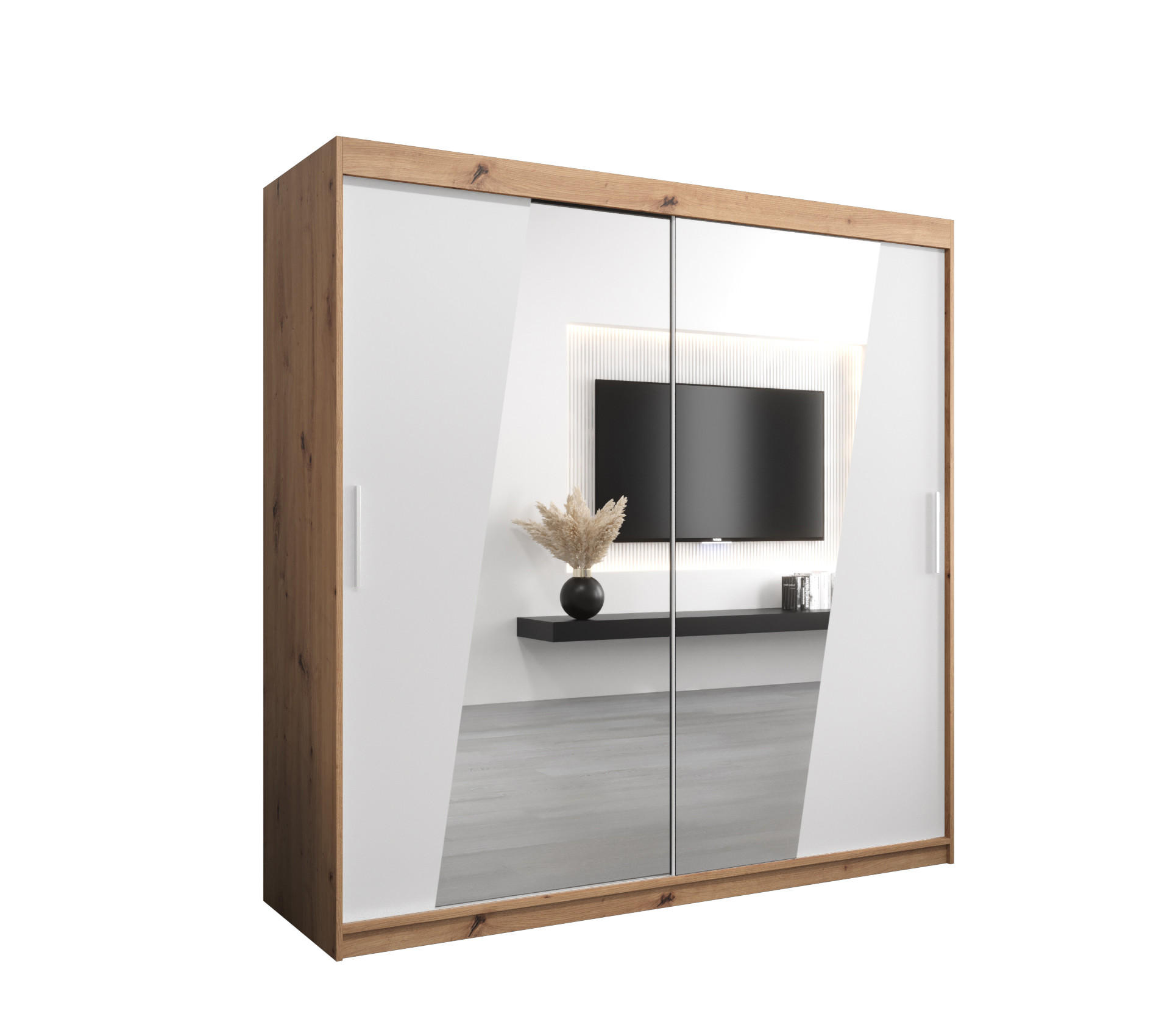 Abiks Möbel Schwebetürenschrank Eiche Artisan, Weiß 200x200x62 cm