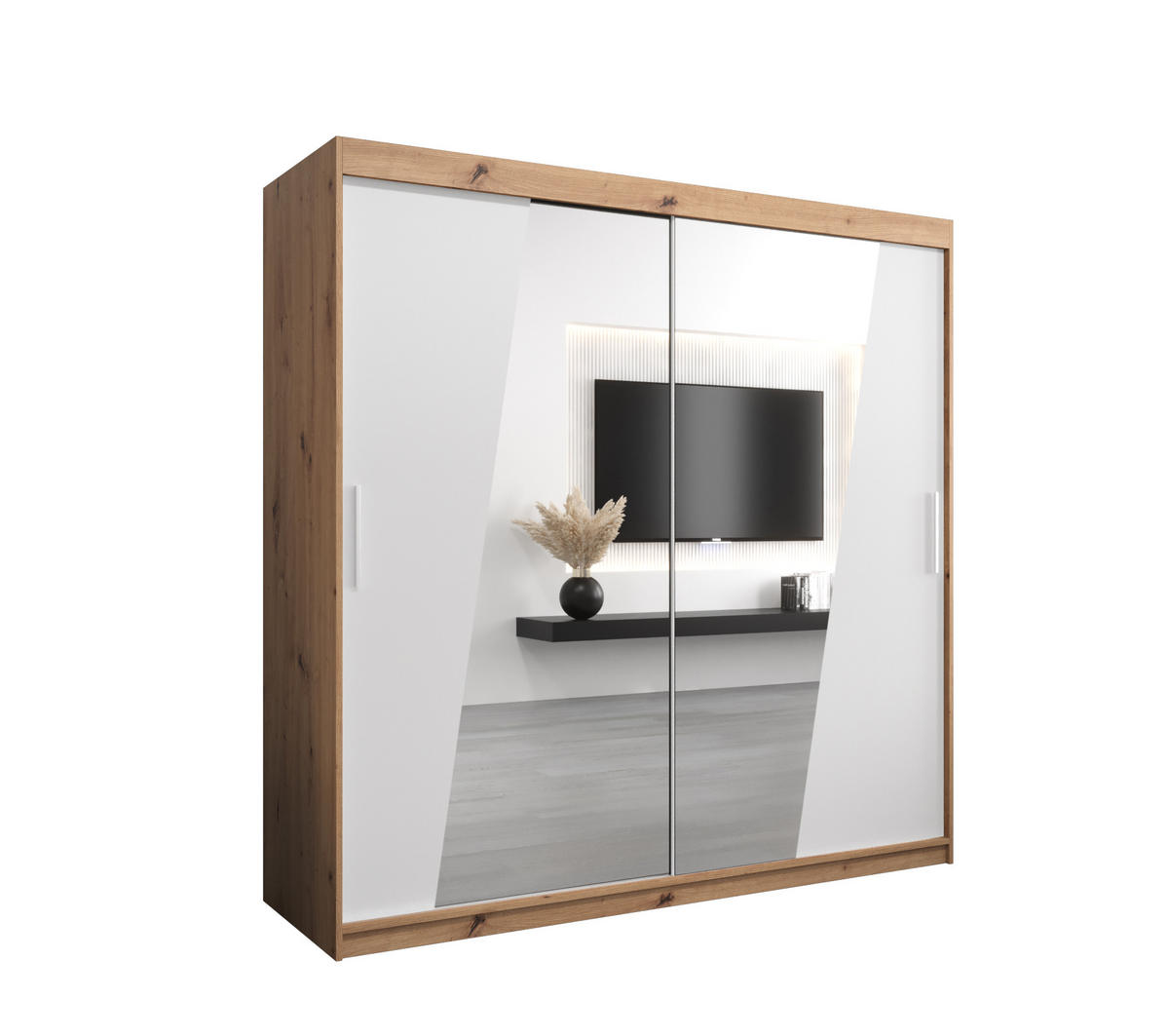 SCHWEBETÜRENSCHRANK 200/200/62 2-türig - Silberfarben/Weiß, Holz/Kunststoff (200/200/62cm) - Abiks Möbel