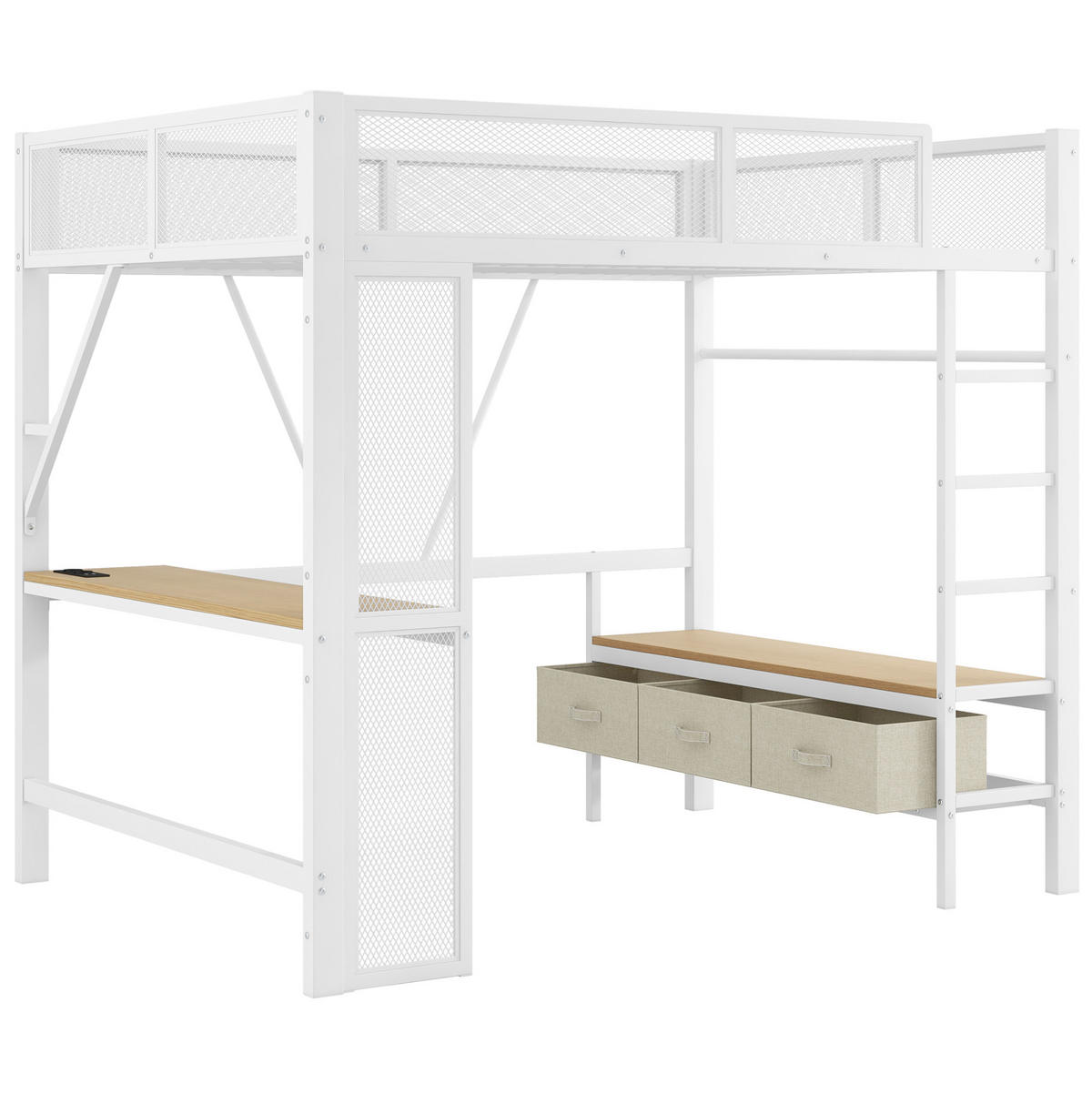 HOCHBETT 140/200 cm aus Metall und MDF mit LED, USB, Schreibtisch und Stauraum Weiß - Weiß, Holzwerkstoff (140/200cm) - Modenvie