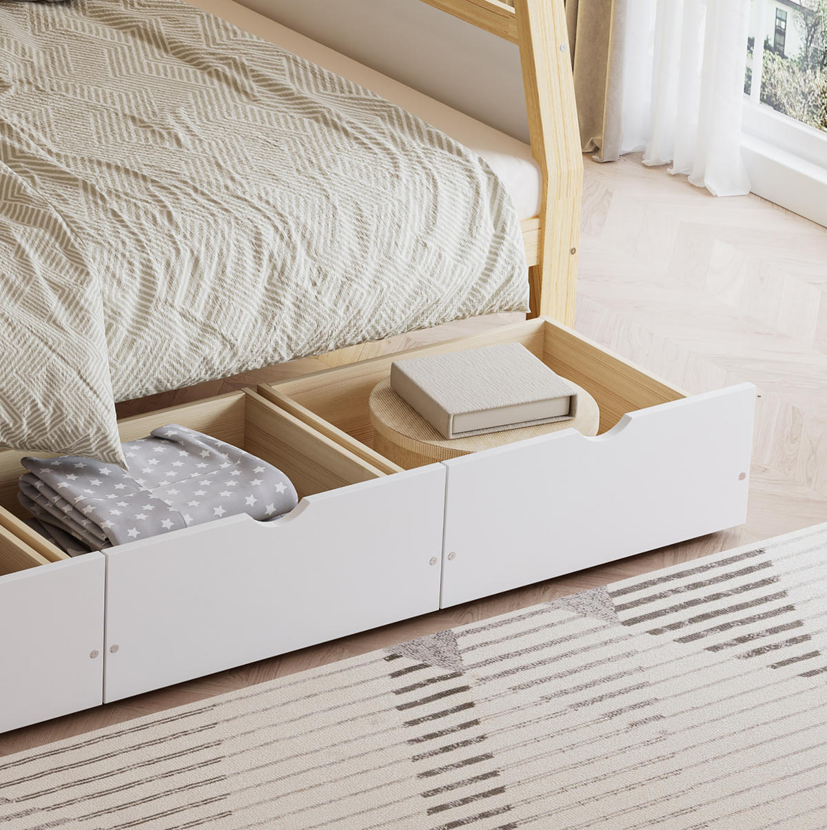 ETAGENBETT 90/200 cm und 120/200 cm mit 3 Schubladen, Bilderbuchregal und Trittleiter aus Kiefer/MDF, Weiß/Natur - Weiß, Holz (90/200cm) - Redom