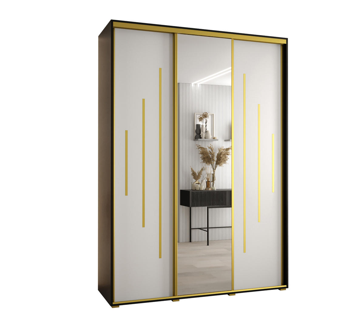 SCHWEBETÜRENSCHRANK 235,2/180/60 3-türig - Goldfarben/Schwarz, Holz/Metall (180/235/60cm) - Abiks Möbel