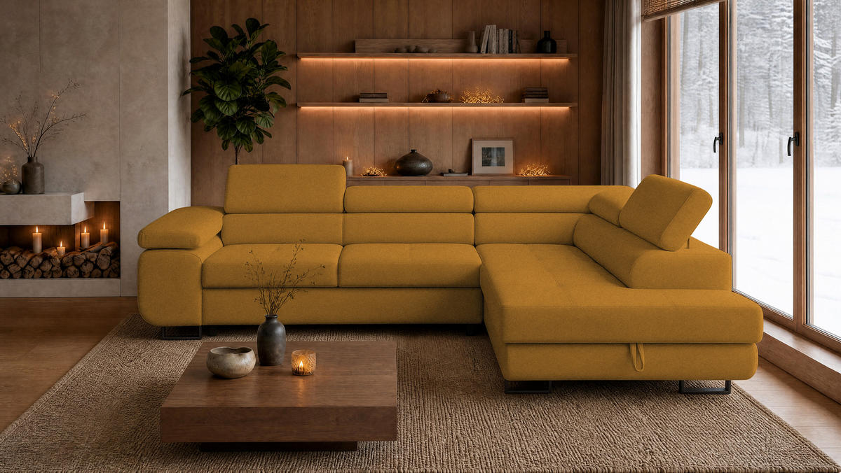 ECKSOFA Velmo mit Bettkasten und Schlaffunktion, verstellbaren Kopfstützen, in L-Form - Goldfarben, Textil (275/203cm)