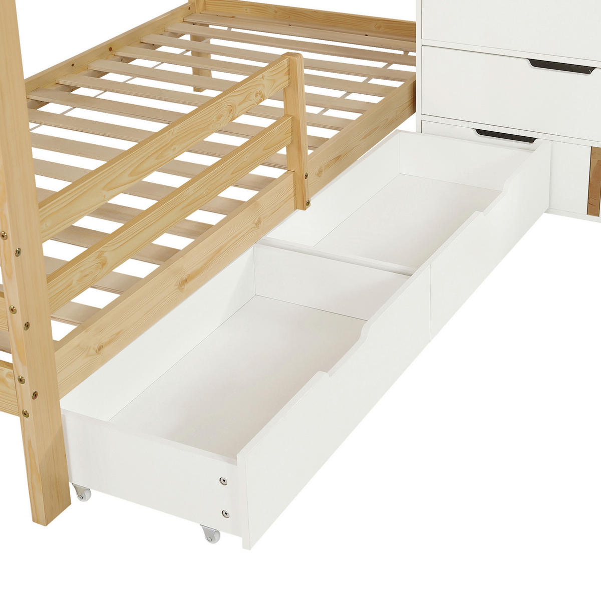 ETAGENBETT mit Stauraumtreppe und Rollschubladen 90x200 cm Weiß/Natur - Weiß, Holzwerkstoff (90/200cm) - Beauniv