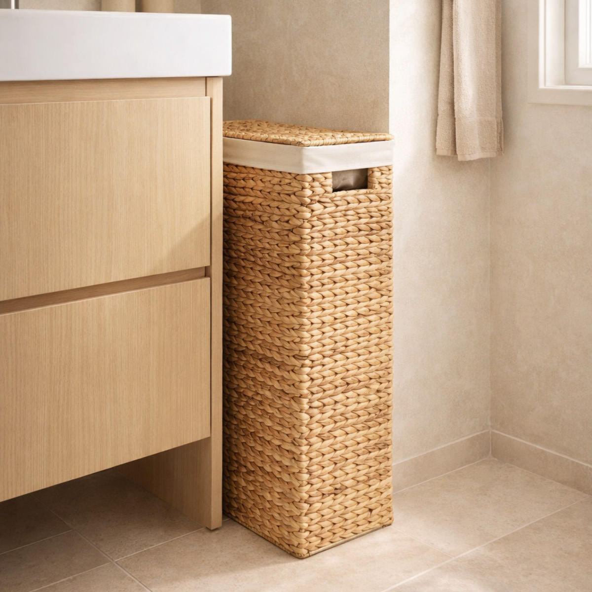 WÄSCHEKORB mit Deckel aus Wasserhyazinthe 45/60/21 cm - Beige, Naturmaterialen (45/60/47cm) - Calicosy