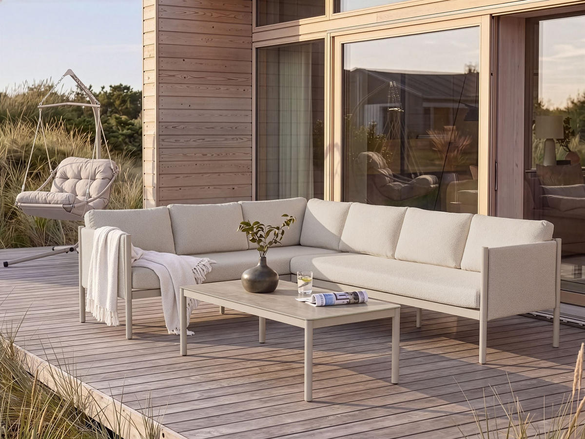 GARTEN Ecksofa mit Tisch 5-Sitzer Metall Hellbeige rechtsseitig Tonara - Beige, Metall - Beliani