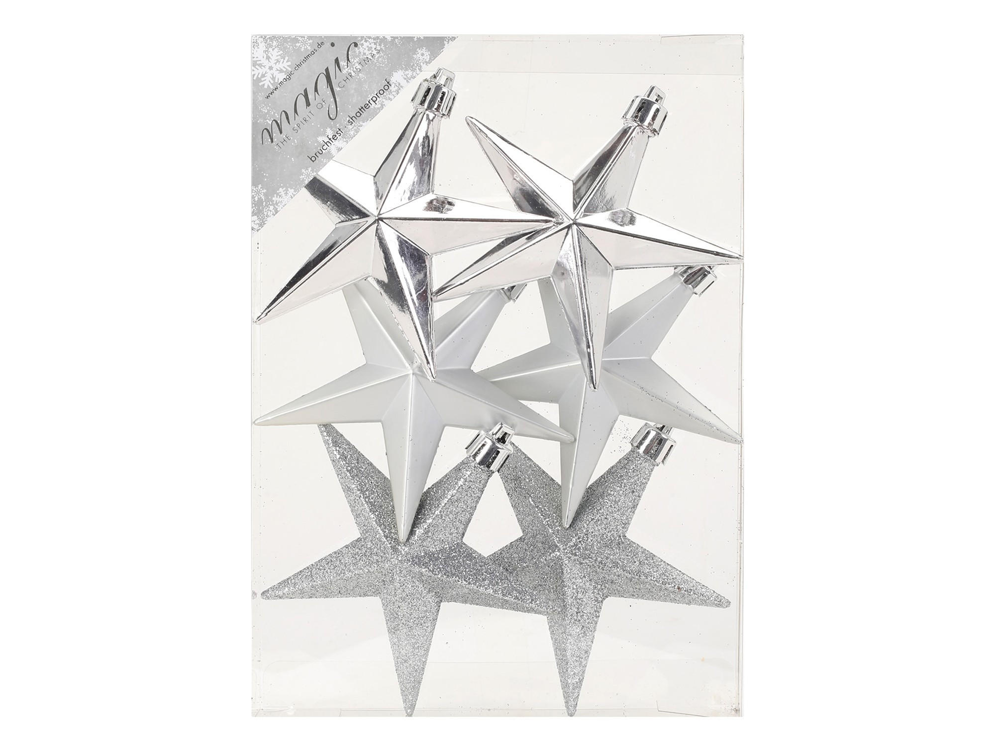 LAALU CHRISTBAUMKUGEL-SET 6 Ornamenten: silberne Sterne mix 9 cm - Silberfarben, Kunststoff (0.01/1/0.01cm) - LAALU
