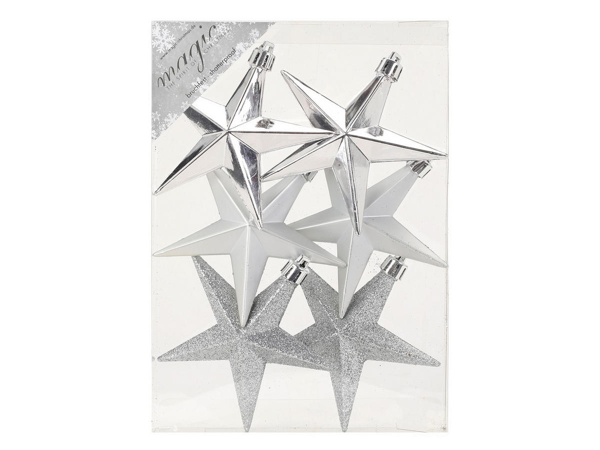 LAALU CHRISTBAUMKUGEL-SET 6 Ornamenten: silberne Sterne mix 9 cm - Silberfarben, Kunststoff (0.01/1/0.01cm) - LAALU