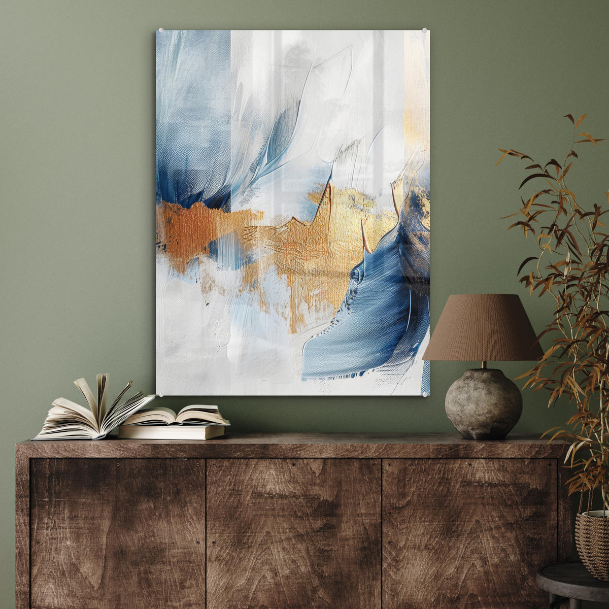 ACRYLGLASBILD Gold - Blau - Aquarell - Kunst - Modern 60x80 cm - Hellblau, Glas (60/80cm) - MuchoWow