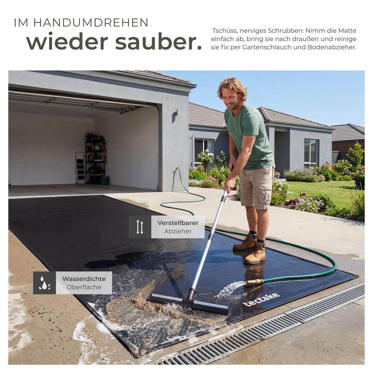 GARAGENBODENMATTE , inklusive ausziehbarem Abzieher, schwarz - Schwarz, Kunststoff (260/670cm) - tectake