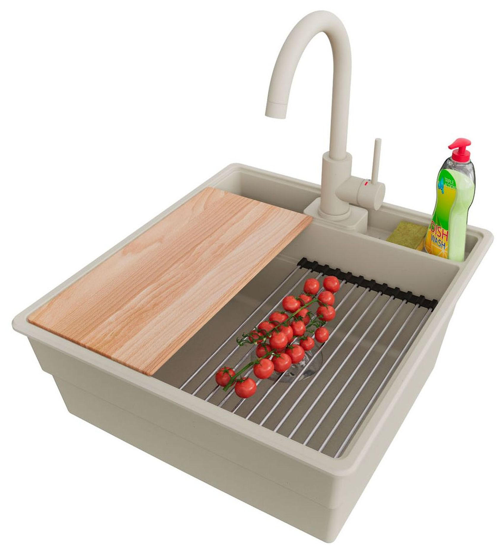 GRANITSPÜLE New York, 2-er set Beige 48/53 cm 1 Becken + Küchenarmatur 32/20 cm + Ablauf-Set + Küchenzubehörset ab 50er Unterschrank - Chromfarben/Beige, Kunststoff (48/20/53cm) - Primagran