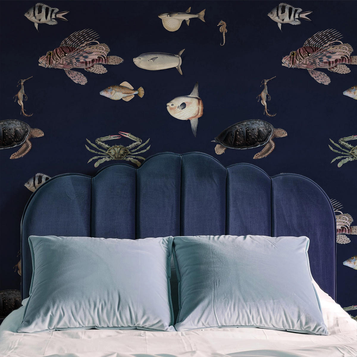TAPETE Fische aus echtem Papier, 200x280cm, 8 Bögen - Dunkelblau, Papier (200/280cm) - WALLPAPERS4BEGINNERS