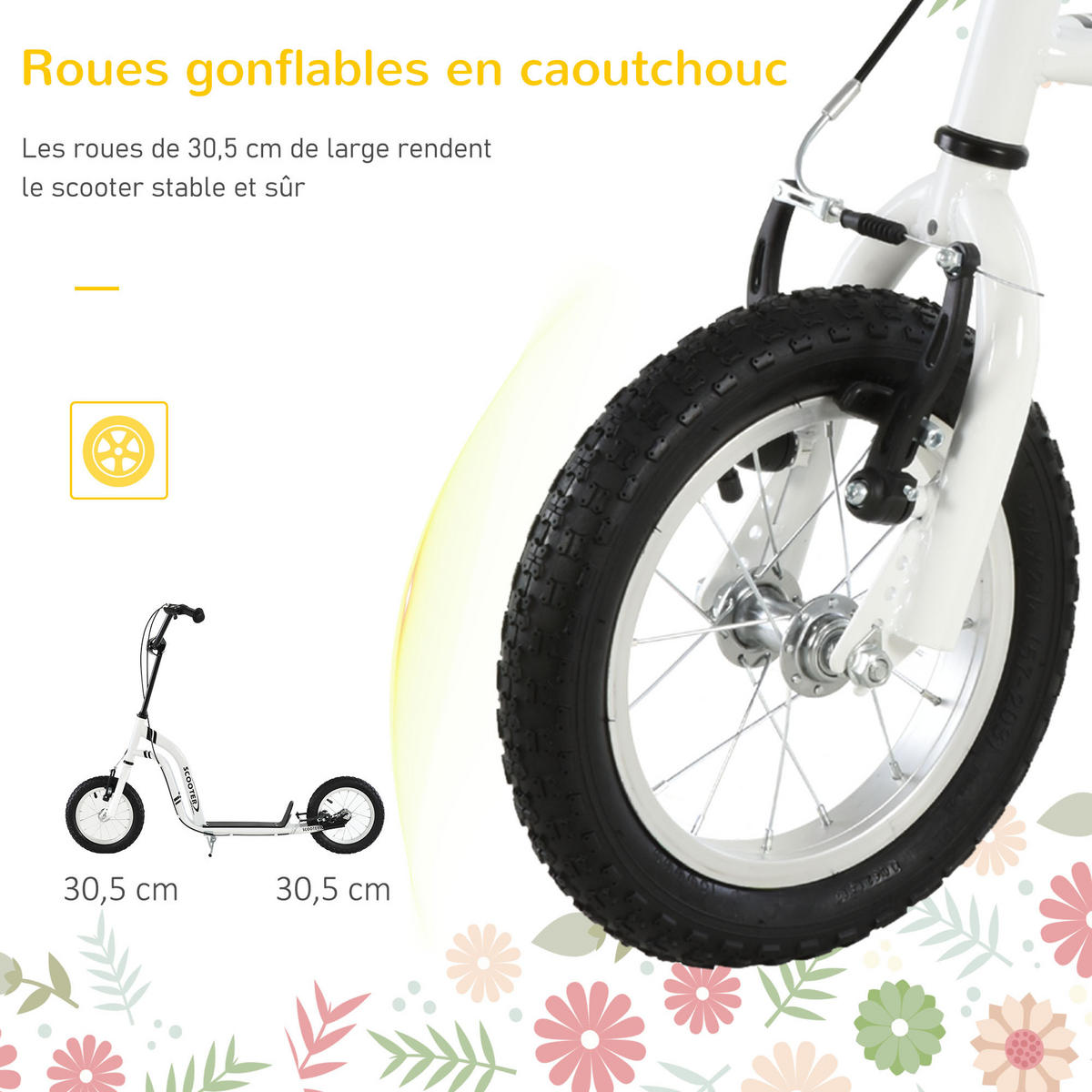 KINDERSCOOTER DE-16925 12 Zoll Luftreifen + Doppelbremse Weiß - Weiß, Metall (120/58/95cm) - ComfortXL
