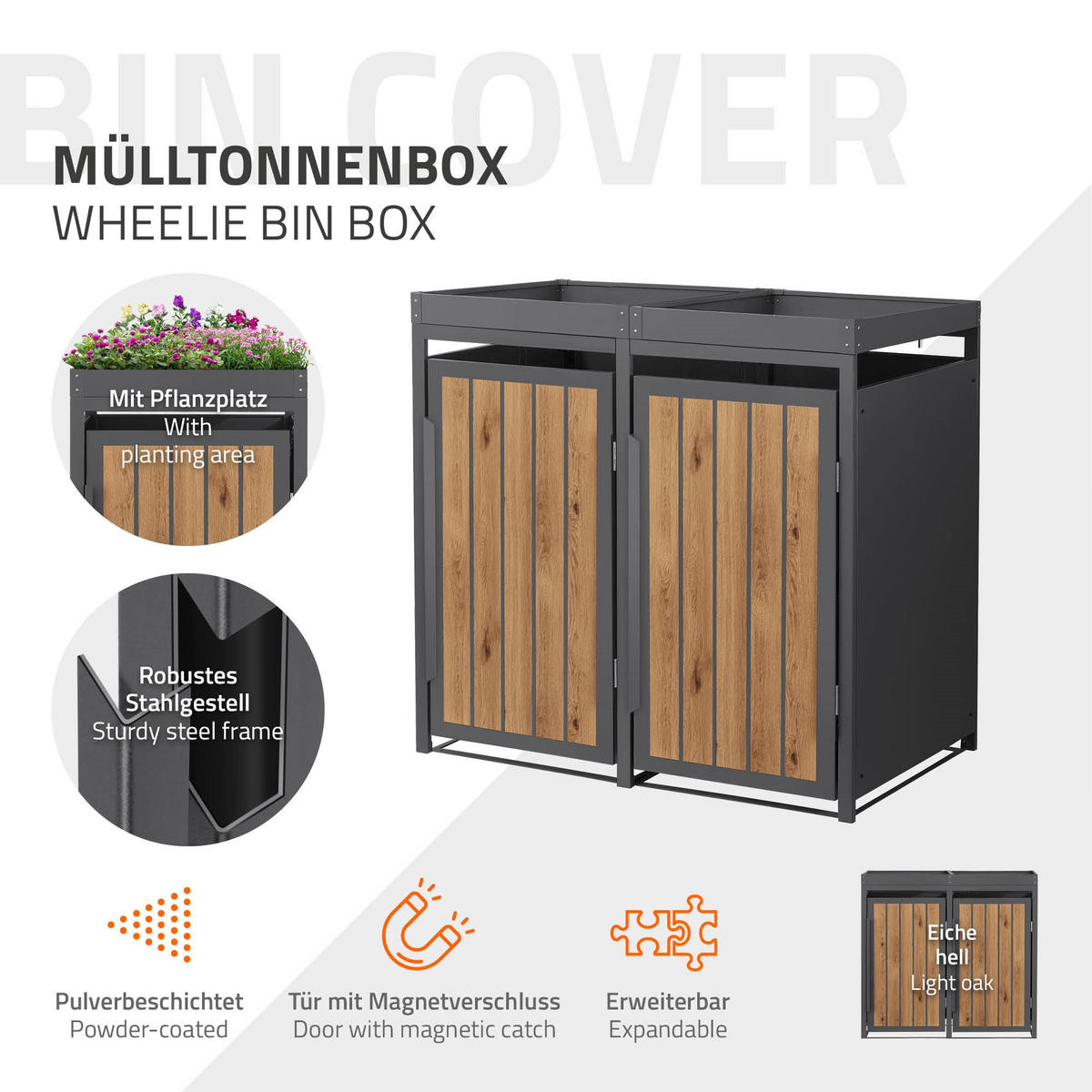 MÜLLTONNENBOX 2er mit Pflanzdach 240L Anthrazit-Holzoptik aus Stahl - Hellbraun, Metall (80/124/132cm) - ML-DESIGN