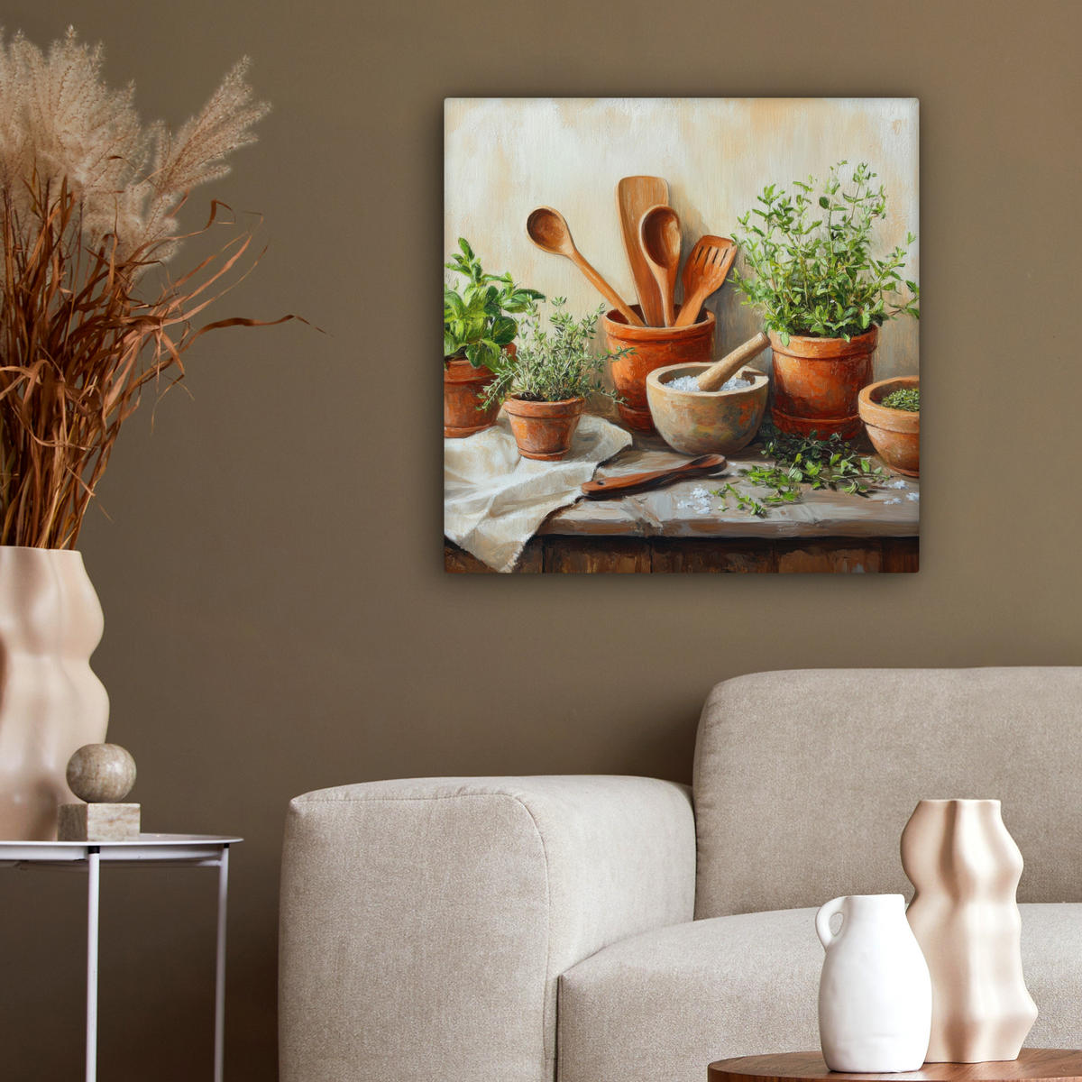 LEINWANDBILD Töpfe - Kräuter - Holz 50x50 cm - Terracotta, Textil (50/50cm) - MuchoWow