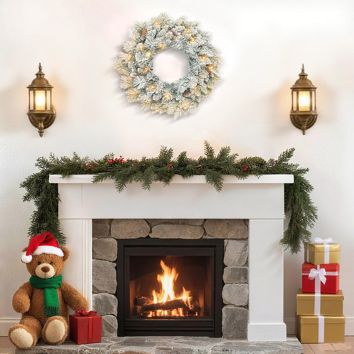 TANNENKRANZ Weihnachtskranz mit LED-Lichterkette, Tannenzapfen, Türkranz - Weiß, Kunststoff (60/8/60cm) - HOMCOM
