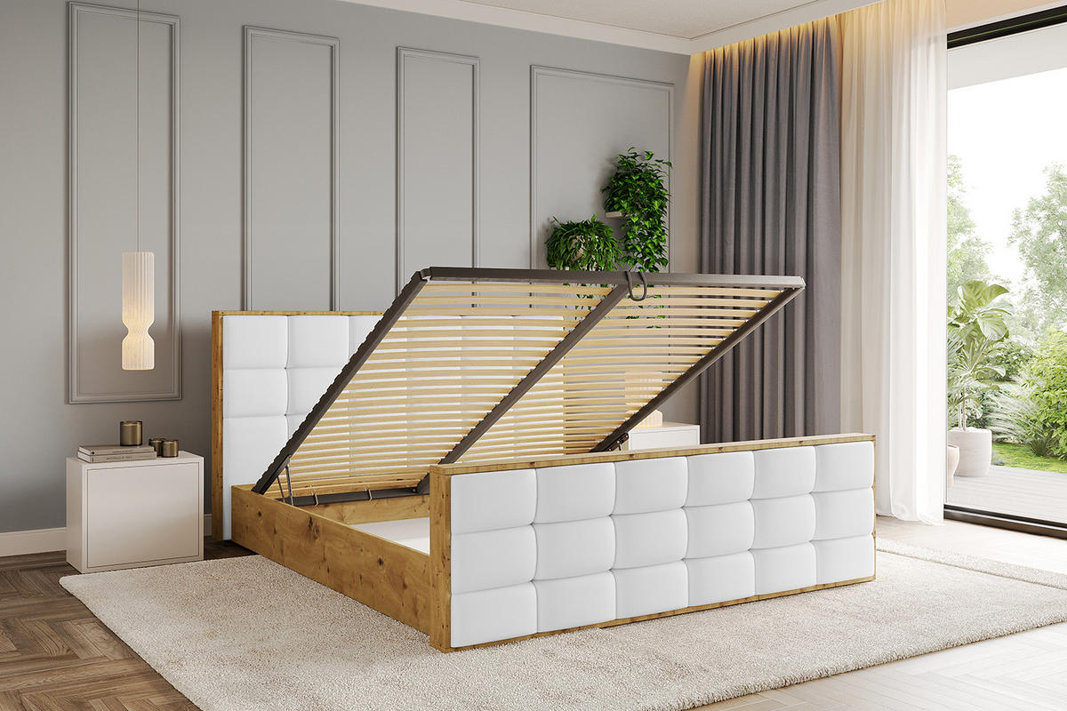 POLSTERBETT mit Bettkasten, Fußteil und Lattenrost, Boxbett ohne Matratze - ENZO2-Z 180x200 Weiß Kunstleder - Weiß Hochglanz, Holzwerkstoff/Textil (180/200cm) - ALTDECOR