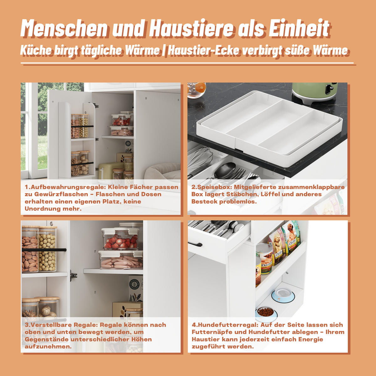 SERVIERWAGEN 120x60x90cm Weiß mit Gewürzregal & verstellbaren Regalen - Weiß, Holzwerkstoff (120/90/60cm) - Modfu