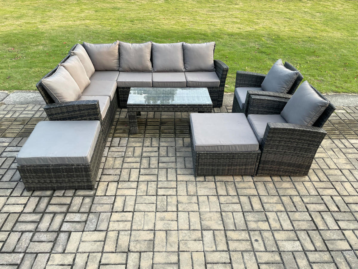 GARTENLOUNGE mit Ecksofa Polyrattan Dunkelgrau 10-Sitzer - Dunkelgrau/Grau, Glas/Kunststoff - Fimous