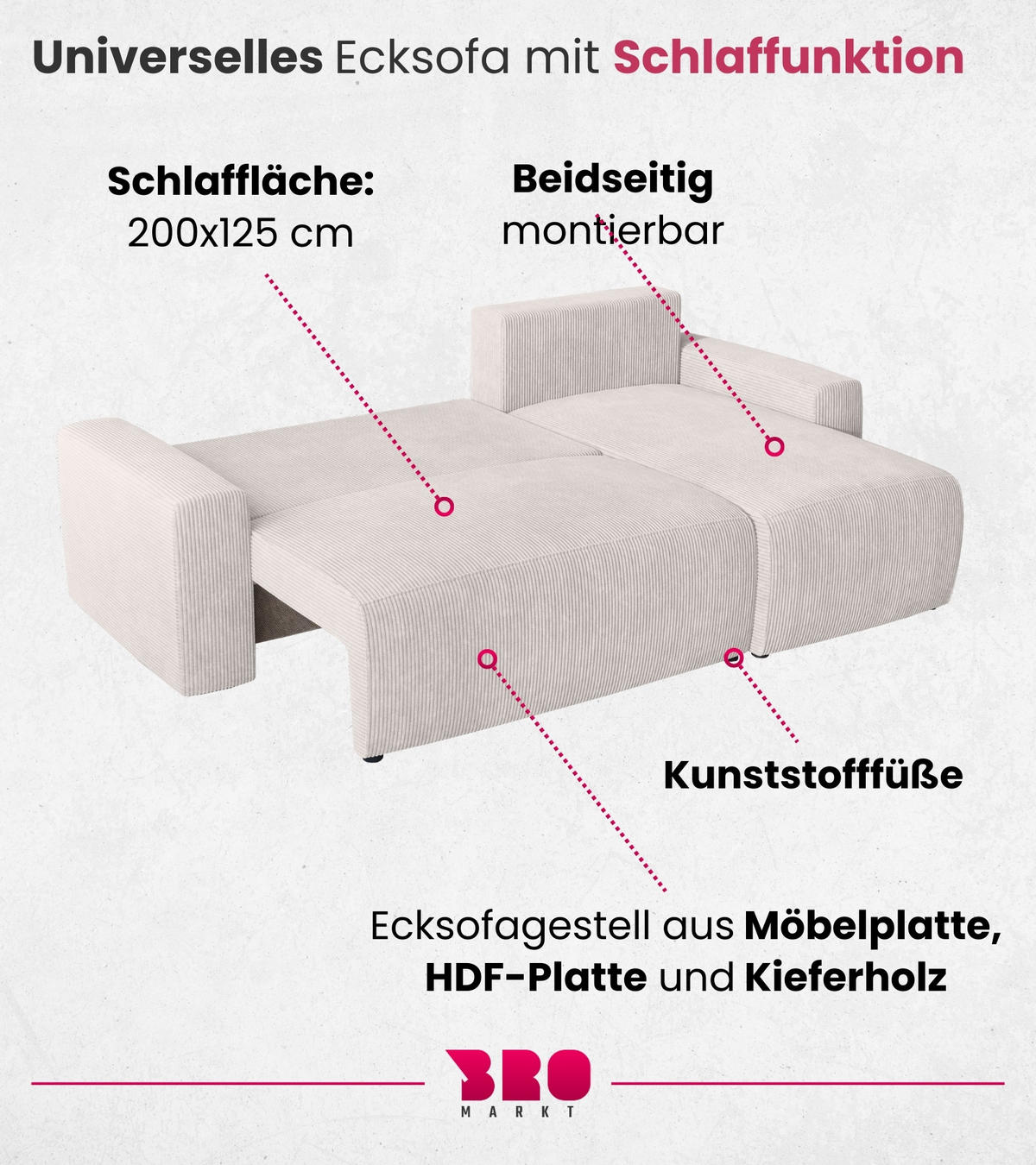 ECKSOFA PLUSH mit Schlaffunktion Weiß Cord - Weiß, Textil (240/145cm) - Bromarkt