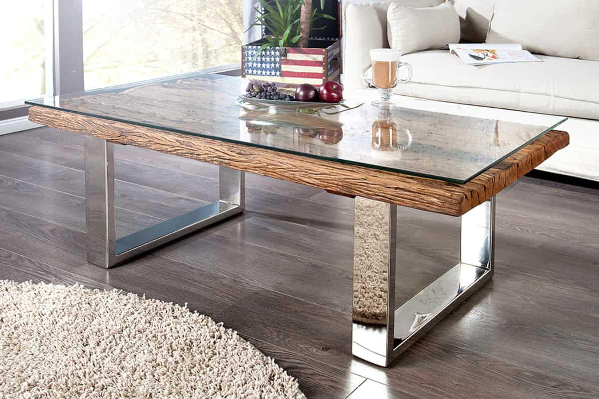 COUCHTISCH BARRACUDA Teakholz kufen Natur|Silber 110cm - Silberfarben/Goldfarben, Glas/Holz (60/110/40cm) - riess-ambiente
