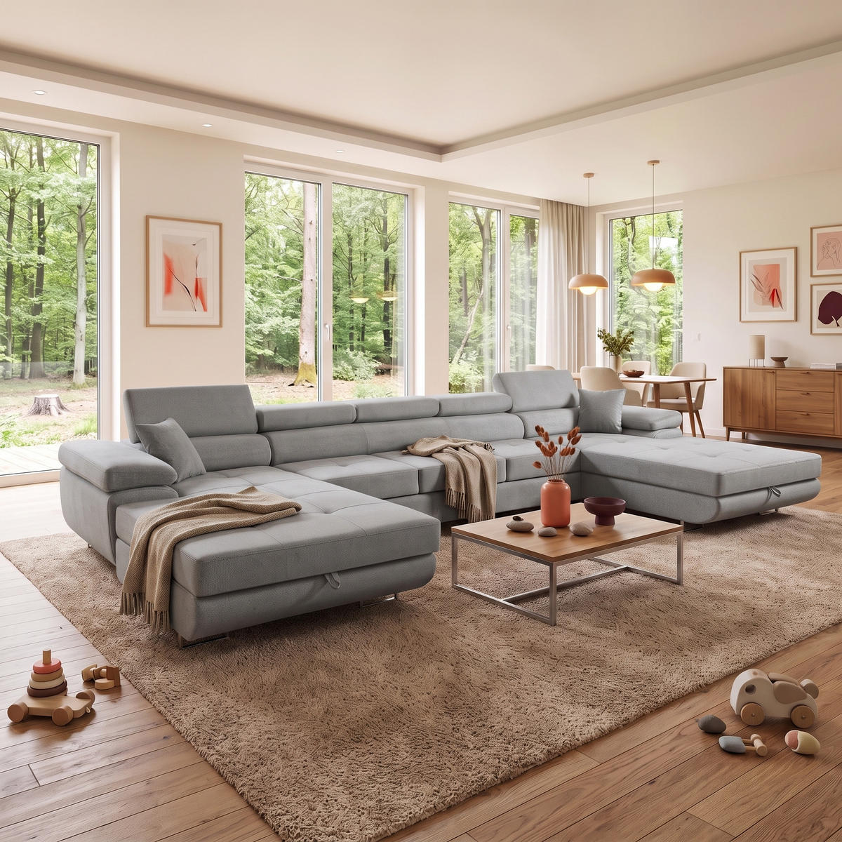 ECKSOFA U-Form ALONZO MAXI U mit Schlaffunktion 125x318 Velours Hellgrau - Silberfarben/Hellgrau, Holz/Textil (400/90/203cm) - Muffo