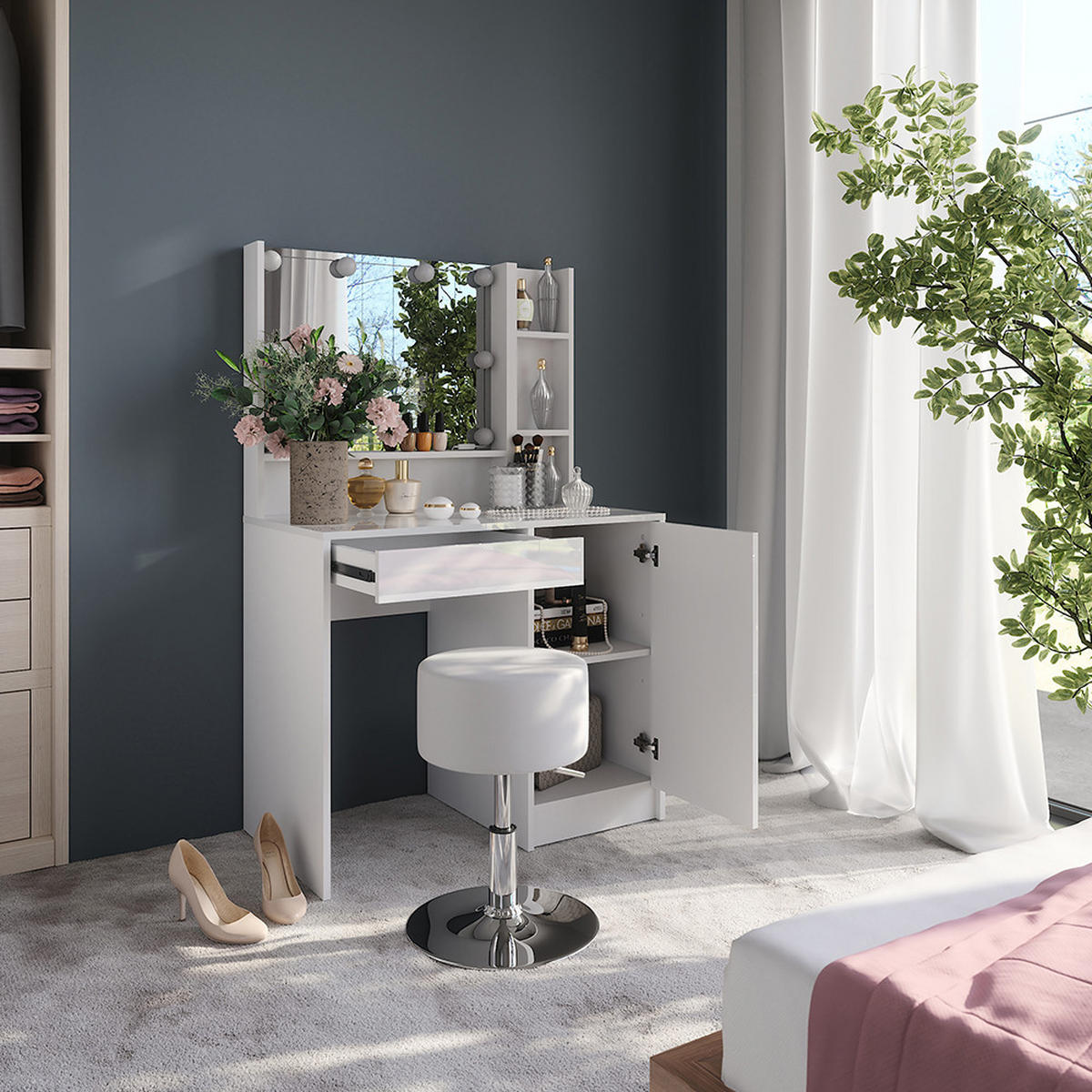 SCHMINKTISCH Sherry Weiß/Weiß Hochglanz 89.8 cm 5 Teile - Weiß Hochglanz, Holzwerkstoff (89.8/76/50.1cm) - Vicco