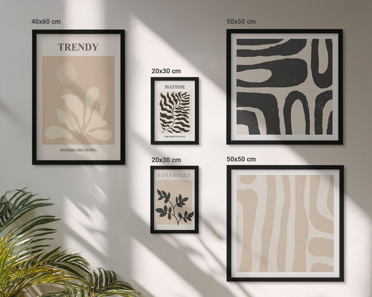 WANDBILDER 5er-Set - 50x50 cm & 20x30 cm & 40x60 cm Schwarzer Rahmen - Stilvolle Pflanzenmuster in Beige und Schwarz - Schwarz, Kunststoff (40/60cm) - ArtPrintCave