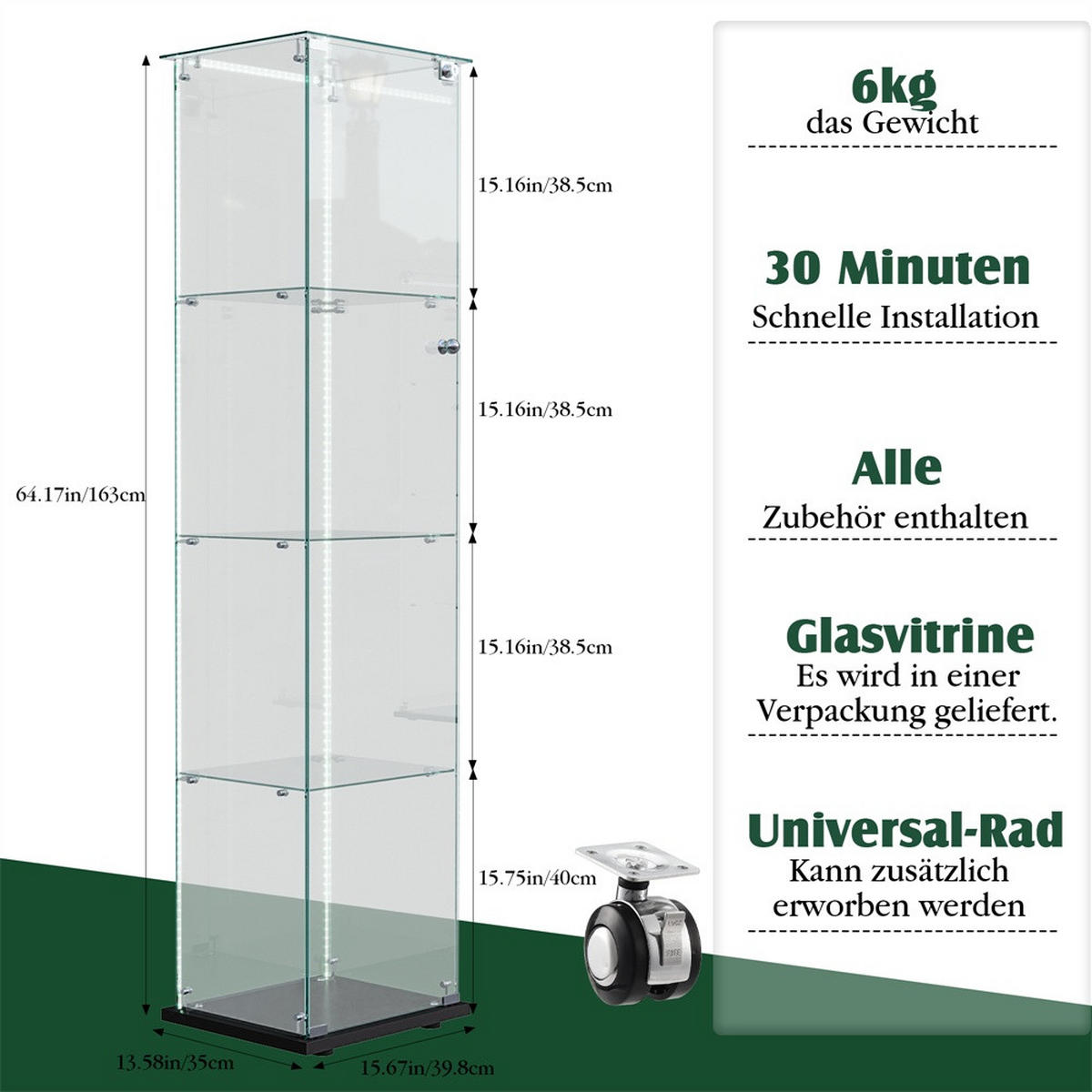 VITRINE - Glasvitrine mit 1 Tür und 4 Ebenen - integrierte LED-Streifen-Beleuchtung - Schwarz - Schwarz, Glas (39.8/163/35cm) - DELFA