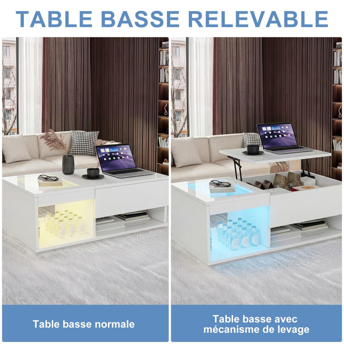 HÖHENVERSTELLBARER COUCHTISCH WEISS MIT LED Hochglanz & Glas, 100x55x35cm - Weiß, Holz (100/55/35cm) - CASIVA