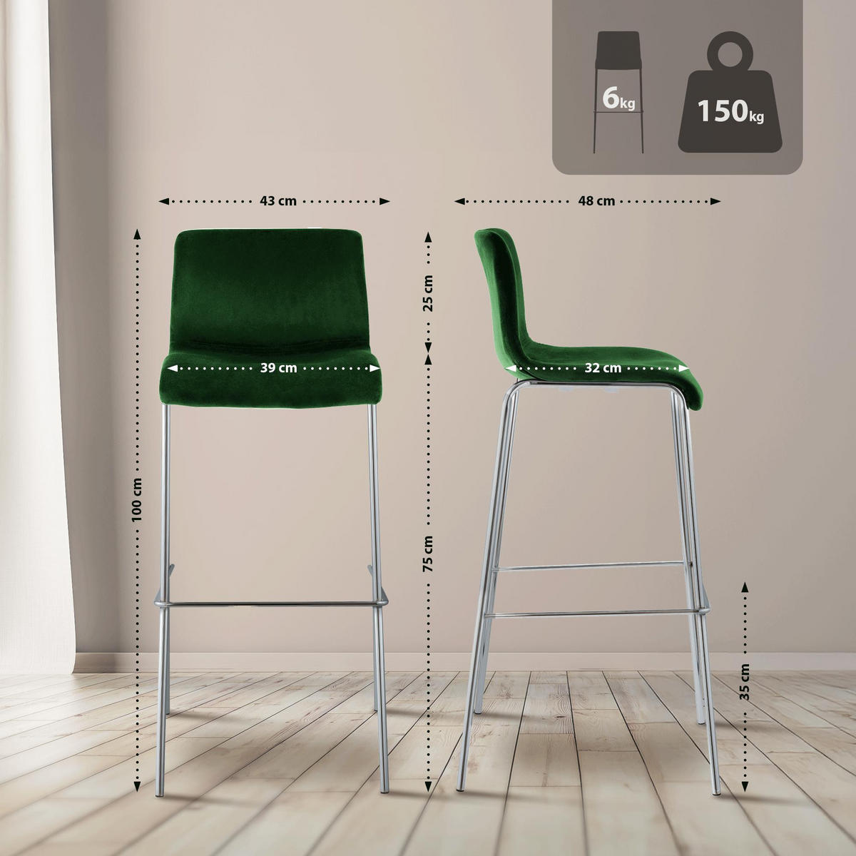 BARHOCKER Samt Grün - Chromfarben/Grün, Textil/Metall (43/100/48cm) - CLP