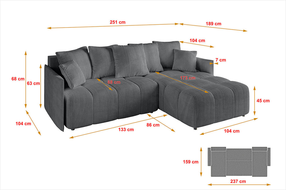 ECKSOFA Ottomane rechts LONLI-L 251x189x68 Dunkelgrau Cord - Dunkelgrau, Holzwerkstoff/Kunststoff (189/251cm) - ALTDECOR