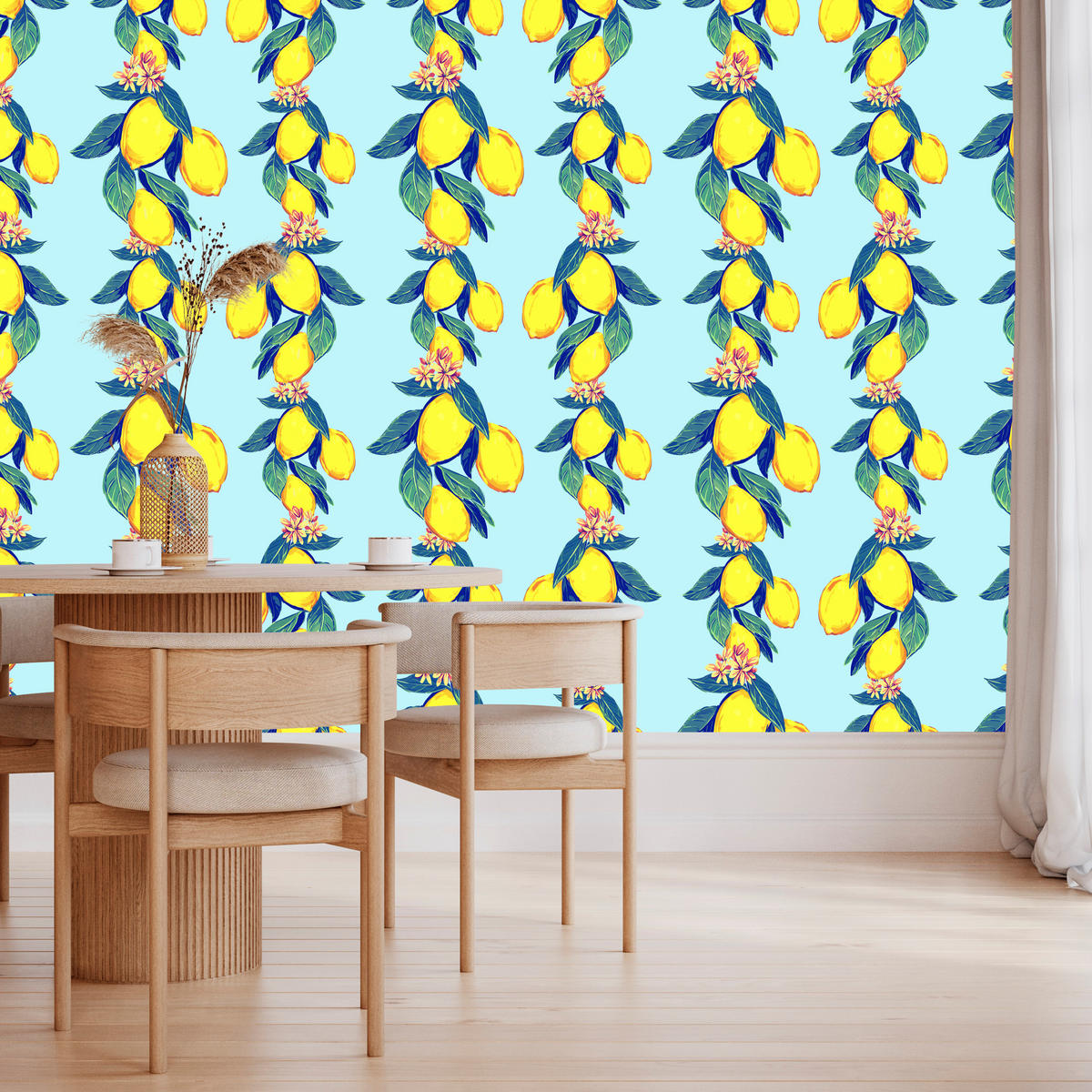 VLIESTAPETE Zitronen und Blüten – Gelb, Blau, Hellblau – 50x1000 cm - Blau/Gelb, Papier (50/1000cm) - Muralo