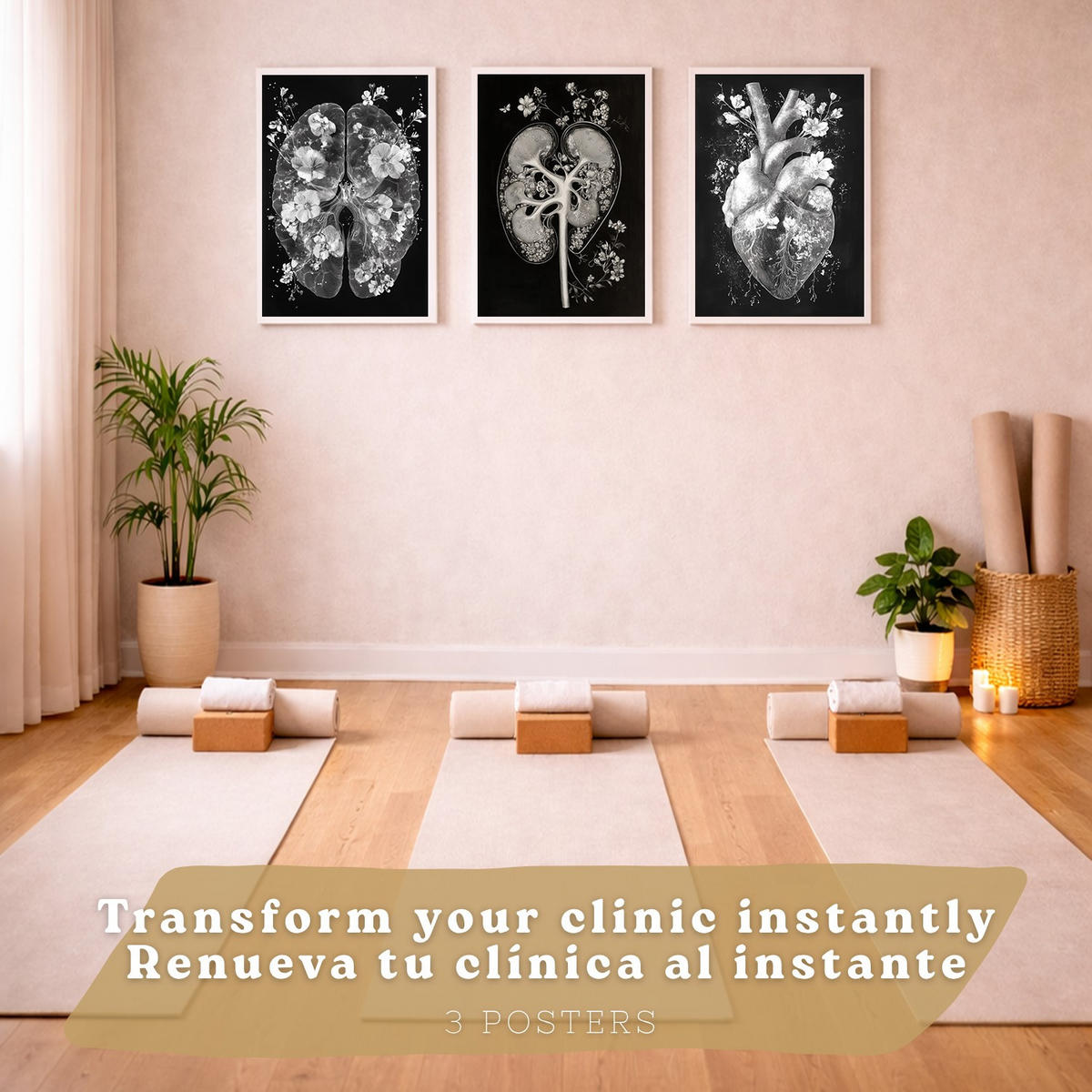 POSTER Set aus 3 Anatomie Drucke und Wandbilder mit Inneren Organen Gehirn Herz Nieren Minimalistisches Schwarz Weiß Design Größe Weißer Rahmen A4 - Weiß, Papier (21/29.7/3cm) - Nacnic