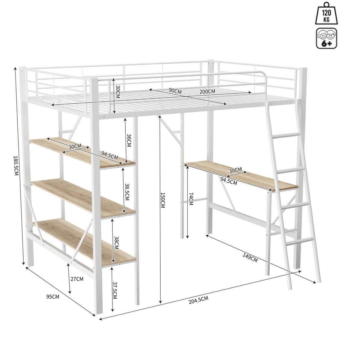 HOCHBETT 90/200 cm Weiß aus Metall und MDF mit Schreibtisch und 3 Ablagen - Weiß, Holzwerkstoff (90/200cm) - OKMYHOME