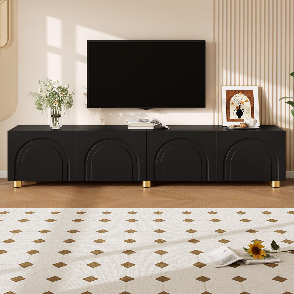 LOWBOARD in Schwarz TV-Schrank mit Metallfüße, 180 L/35 B/40H(cm), für Wohnzimmer - Schwarz, Holzwerkstoff/Metall (180/40/35cm) - STILVORA