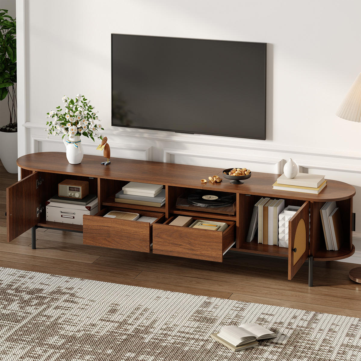 TV-SCHRANK Oval Rattan Schiebetüren Metallbeine modern - Walnussfarben, Holzwerkstoff (40/49.5/200cm) - FLIEKS