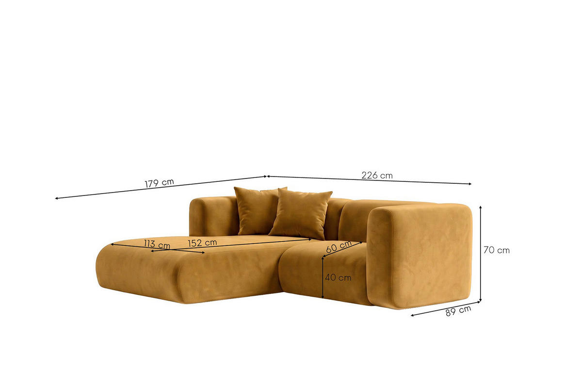 ECKSOFA L-Form mini, Velvet-Stoff Bluvel, Golden, Links, GRETA - Goldfarben, Holz (226/179cm) - Kaiser Möbel