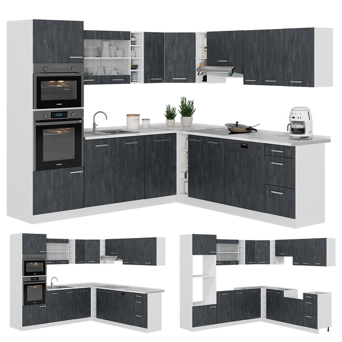ECKKÜCHE IN L-FORM R-Line Schwarz Beton/Weiß 237 x 247 cm AP Eiche - Schwarz/Weiß, Holzwerkstoff (247/81.6/60cm) - Vicco