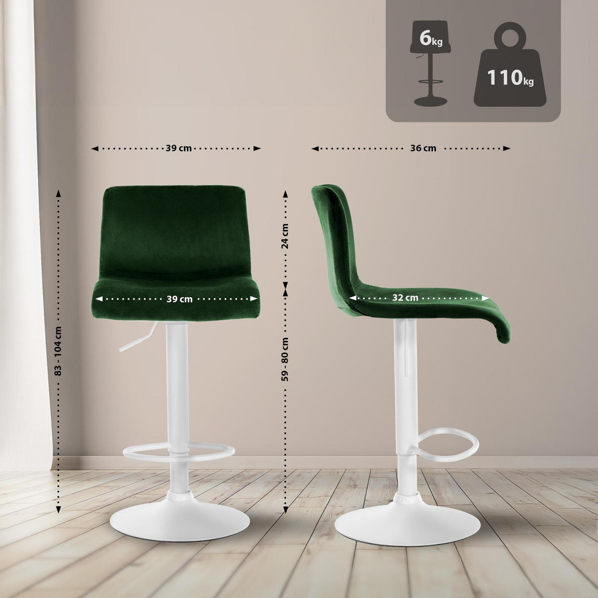 BARHOCKER Samt Grün - Grün, Textil (39/83/36cm) - CLP