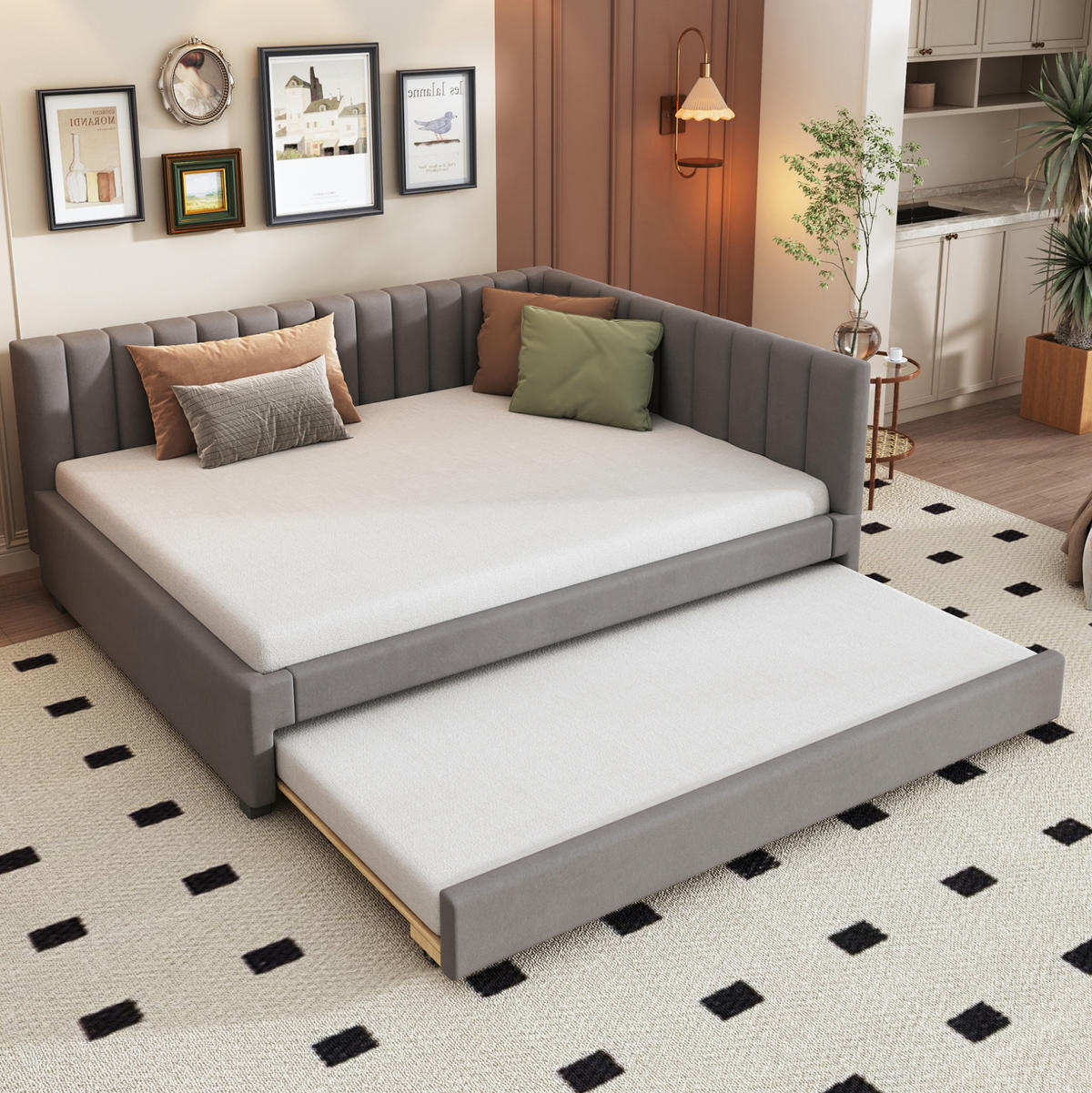 POLSTERBETT Einzelbett 140/200 cm aus Samt mit ausziehbarem Unterbett Grau - Grau, Leder (140/200cm) - Modenvie