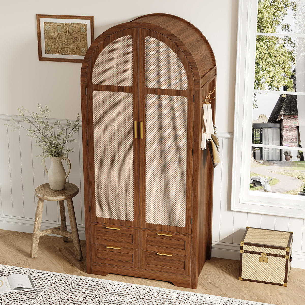 KLEIDERSCHRANK in Walnussfarben mit Kleiderstange und Schubladen für Flur und Schlafzimmer, B80/T50/H179 cm - Nussbaumfarben, Holzwerkstoff/Metall (80/139/50cm) - STILVORA