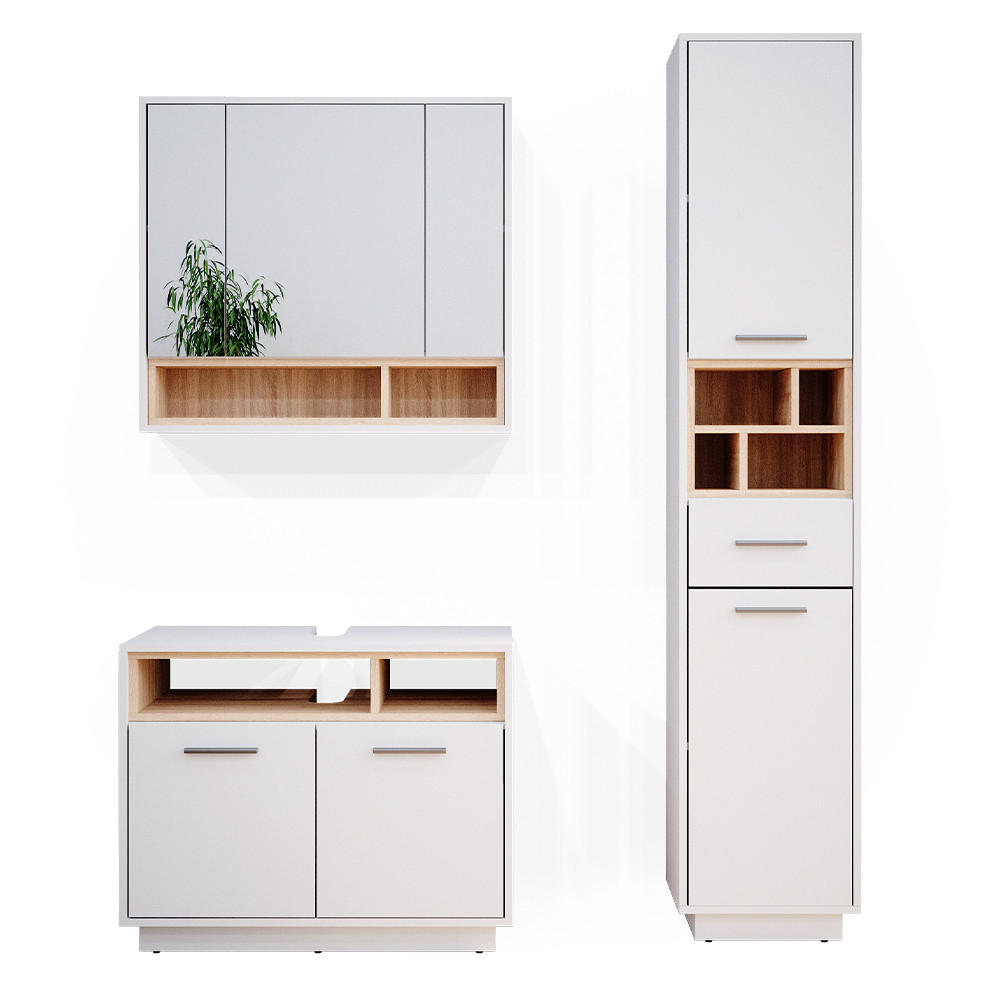 BADMÖBEL-SET Beatrice Weiß 3 Teile, mit Hochschrank - Weiß/Sonoma Eiche, Holzwerkstoff (80/64/40cm) - Vicco