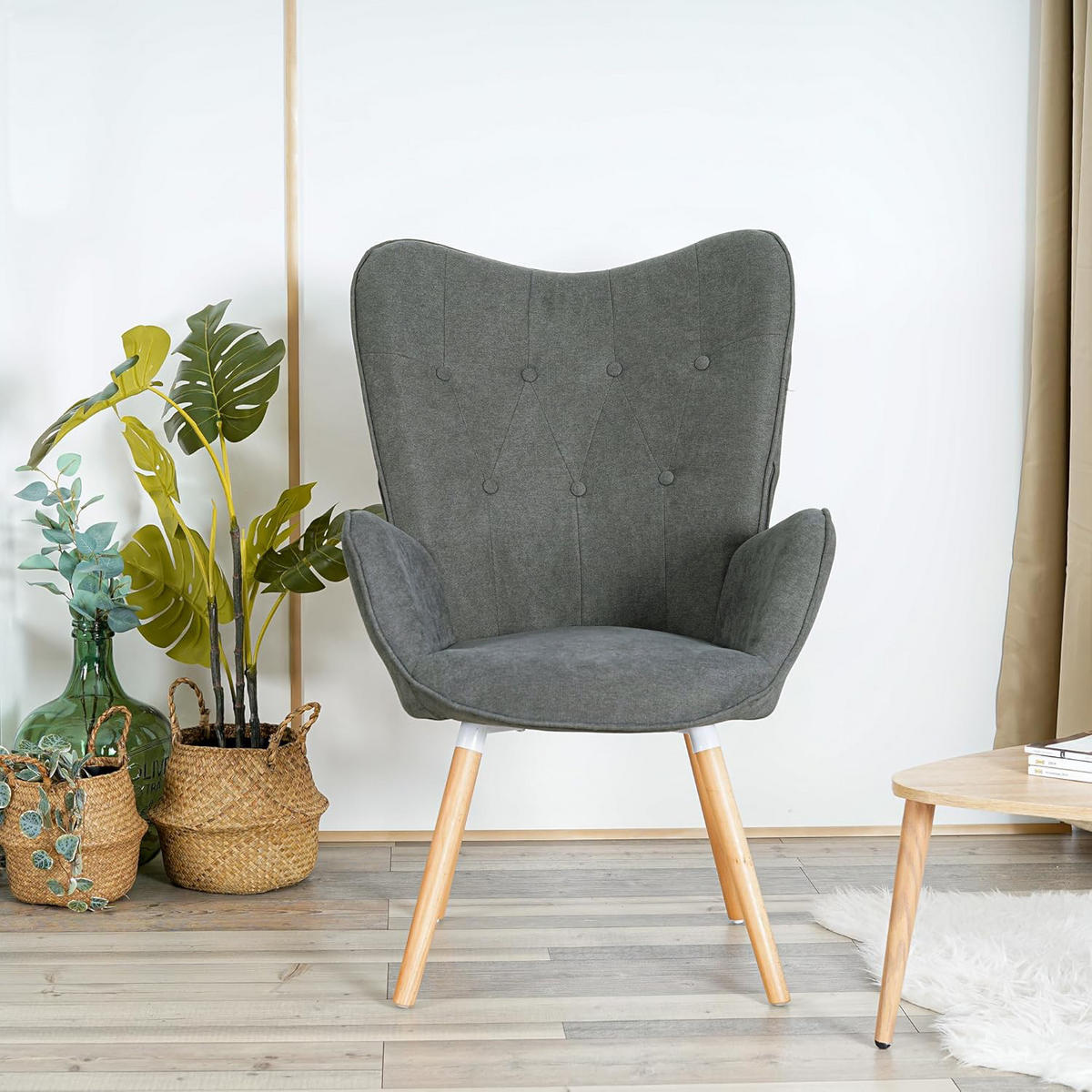 OHRENSESSEL in Stoff Grau - Dunkelgrau, Holz (66/106/53cm) - Meubles Cosy