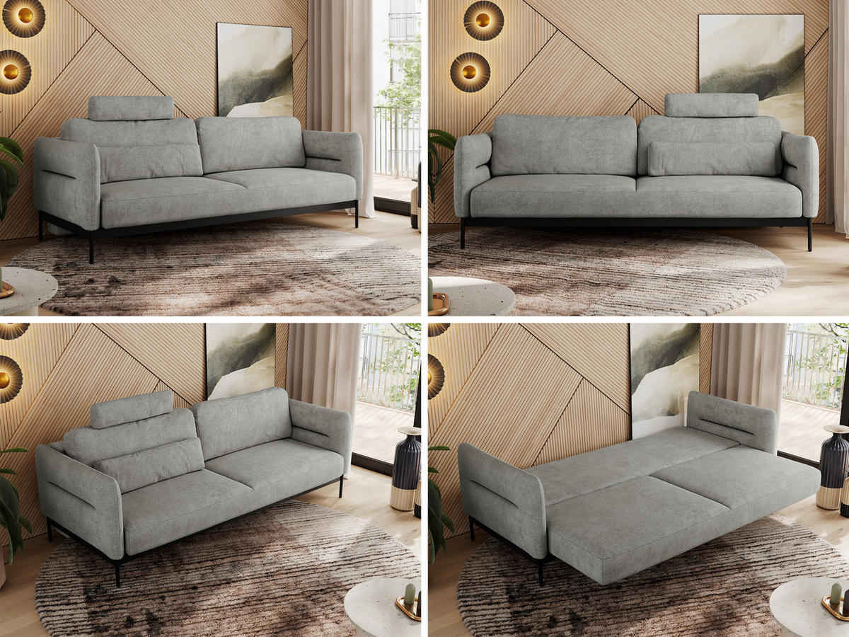 SOFA SALENTO Hellgrau Struktur - Hellgrau/Schwarz, Textil/Metall (221/82/101cm) - MKS