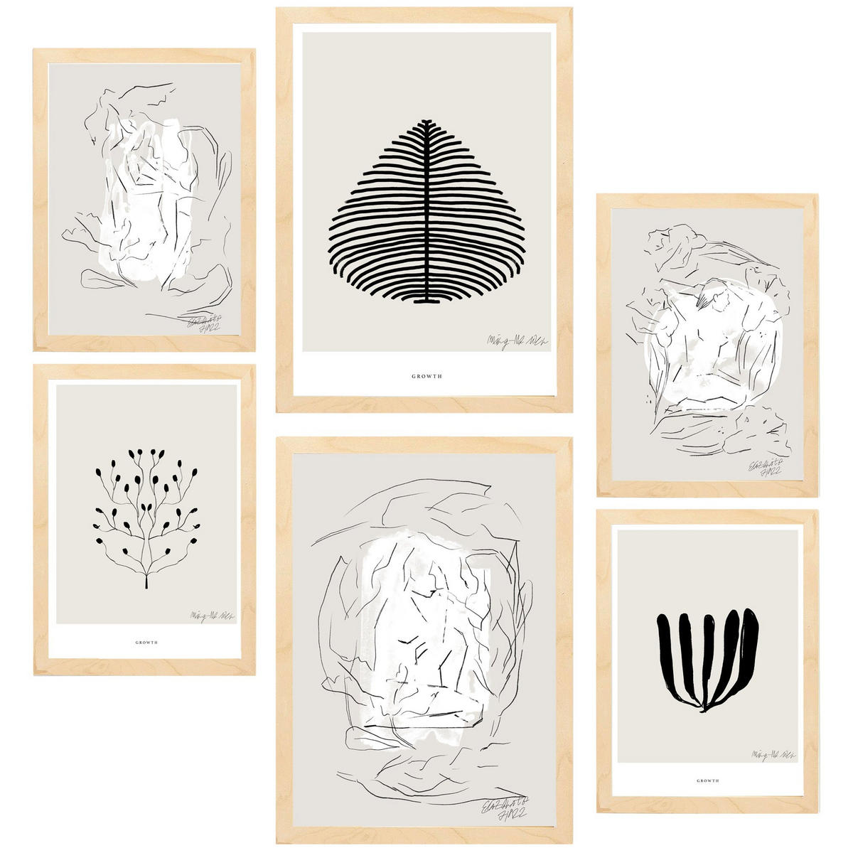 POSTER Set Mit 6 Schwarze & Beige Abstrakte Kunst A3 & A4 Rahmen Aus Hellem Holz - Beige, Papier (29/3cm) - Nacnic